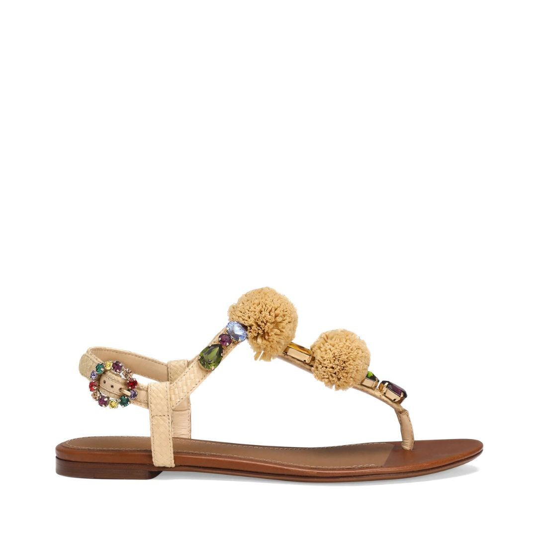 DOLCE & GABBANA Crochet Flip-flops with Stones in Beige