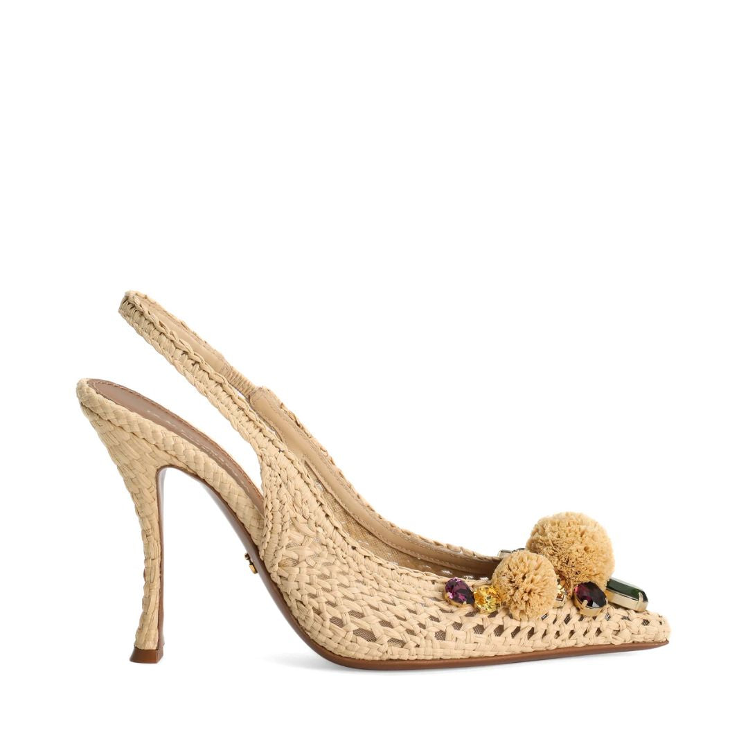 DOLCE & GABBANA Rafia Crochet Slingback with Stones in Beige