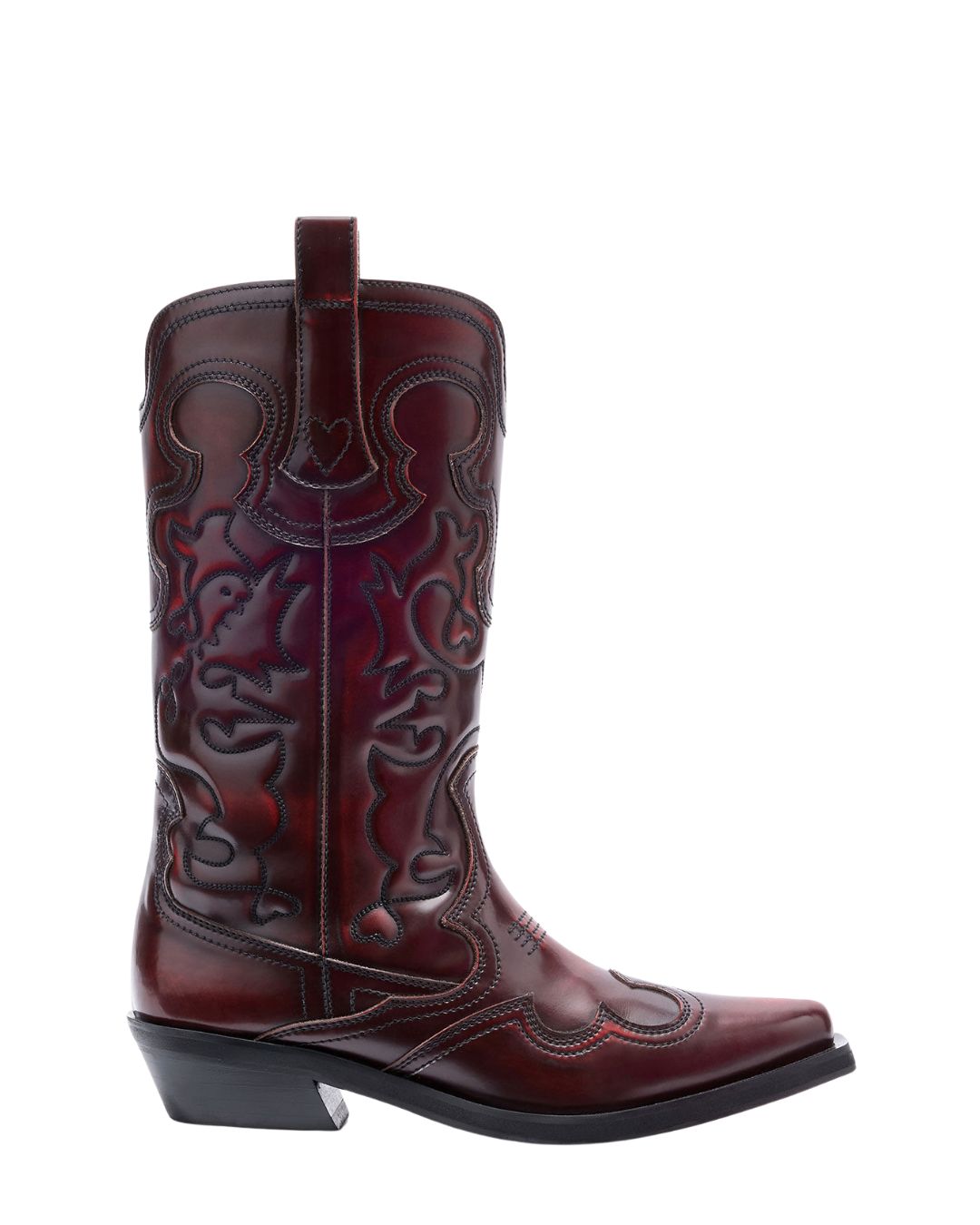 GANNI Mid Shaft Embroidered Western Boots in Burgundy