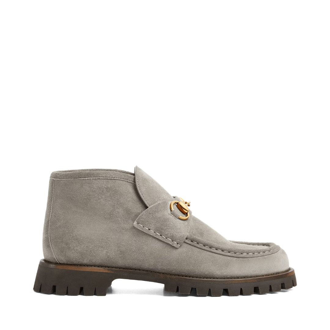 GUCCI Horsebit Ankle Boot in Light Grey Suede