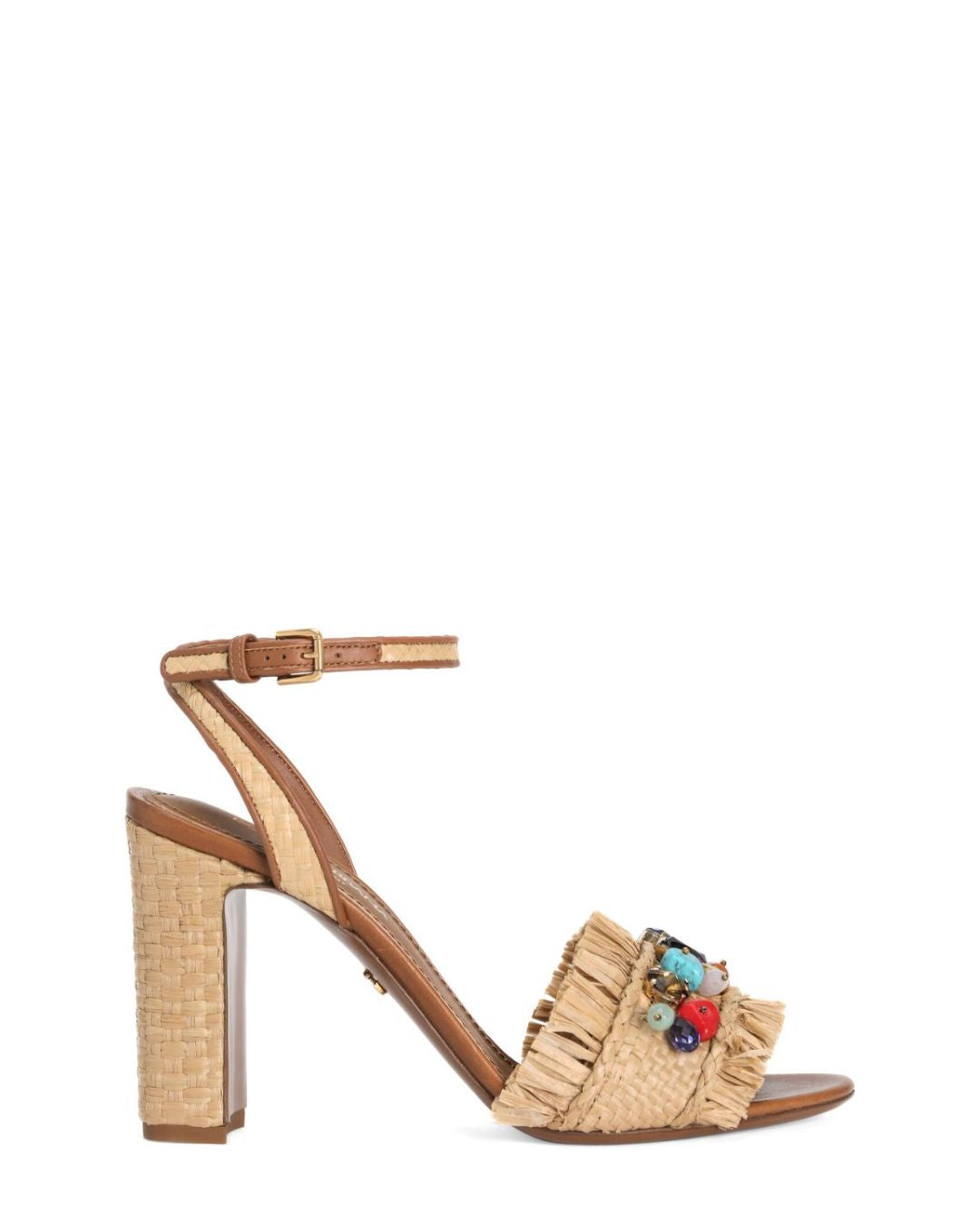 DOLCE & GABBANA Frayed Sandal with Rhinestone Embroidery in Beige
