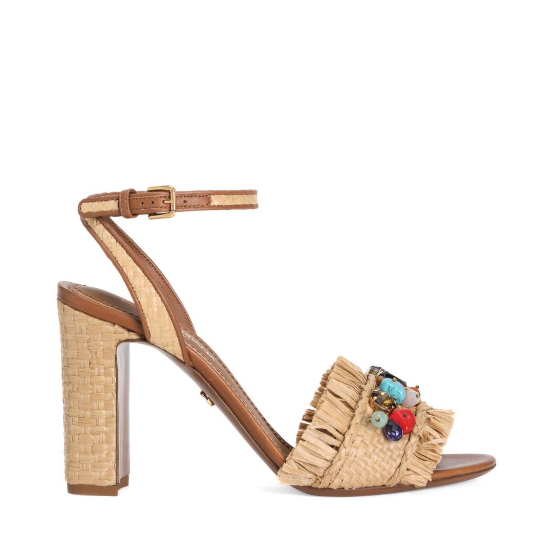 DOLCE & GABBANA Frayed Sandal with Rhinestone Embroidery in Beige