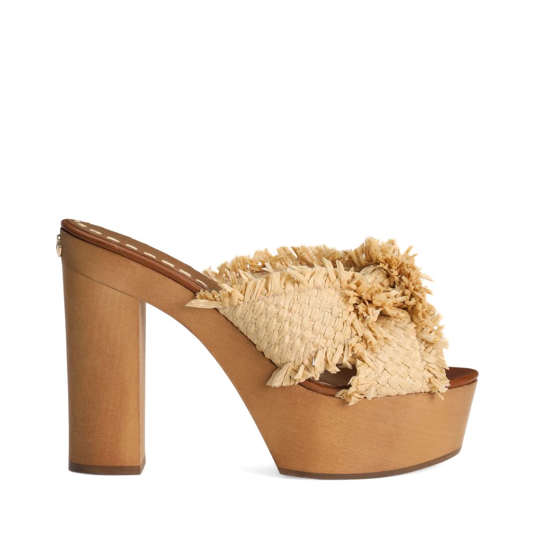 DOLCE & GABBANA Wedge Sandal in Frayed Rafia and Canvas in Beige