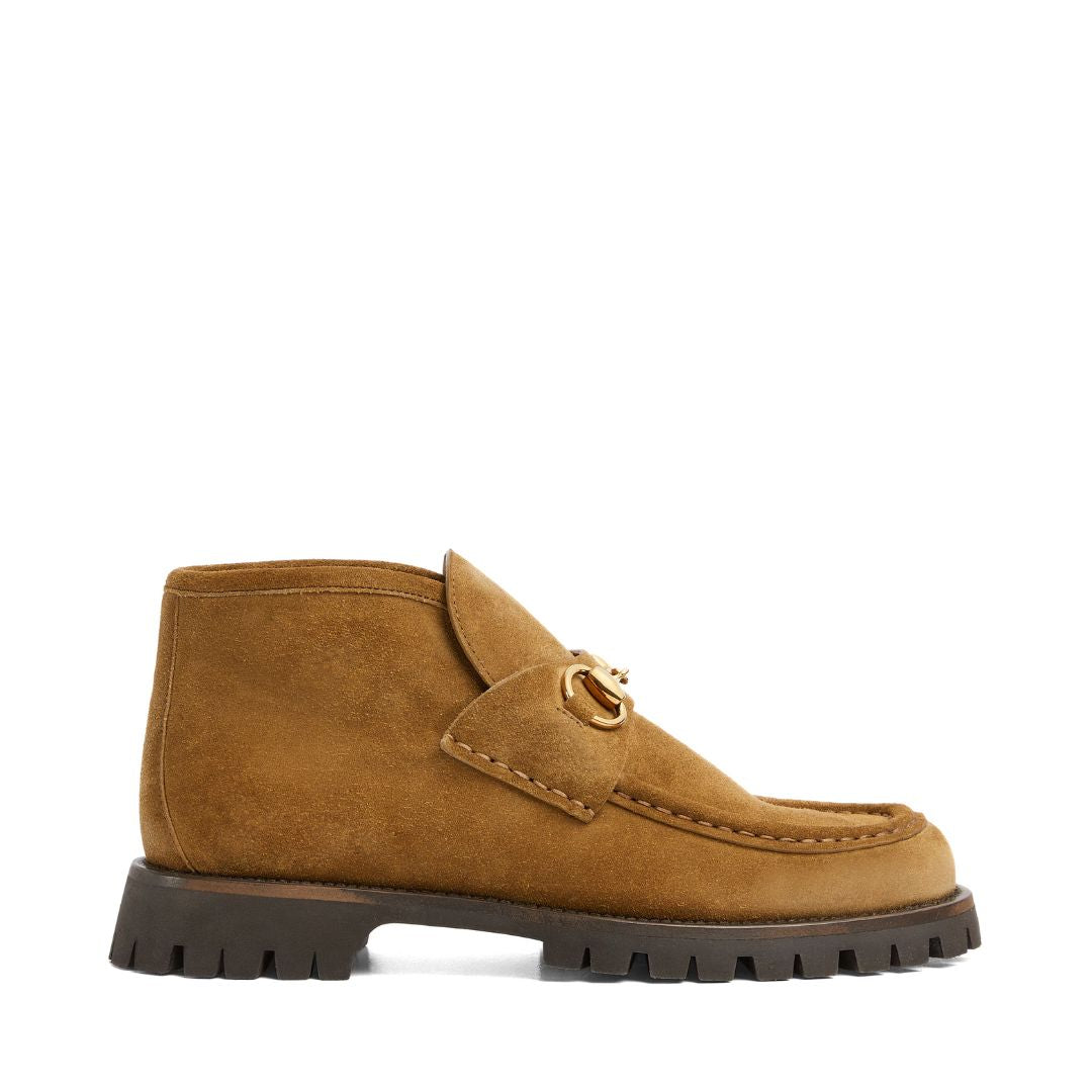 GUCCI Horsebit Ankle Boot in Brown Suede