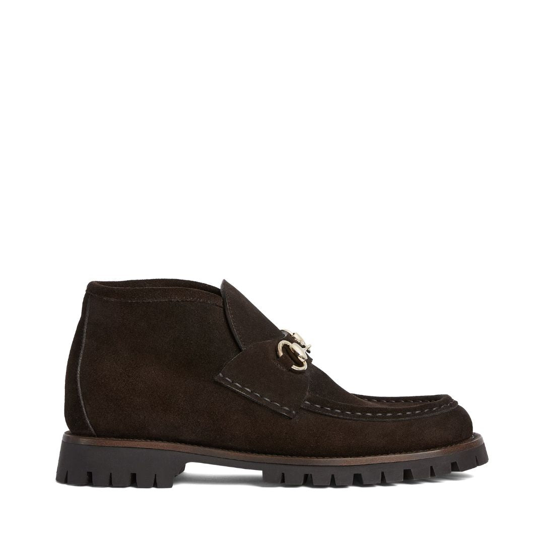 GUCCI Horsebit Ankle Boot in Dark Brown Suede