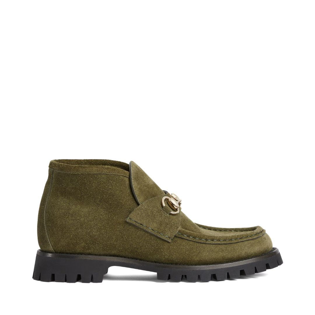 GUCCI Horsebit Ankle Boot in Dark Green Suede