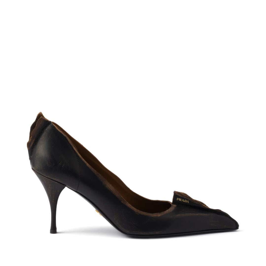 PRADA Antiqued Leather Pumps in Black/Tan