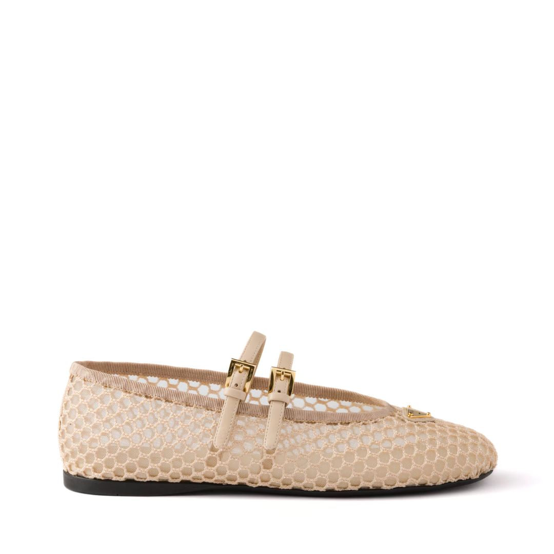 PRADA Mesh Fabric Ballerinas in Travertine Stone
